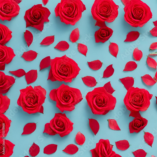 valentines day background. roses and hearts on blue background.