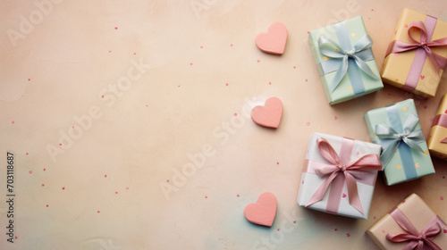 Pastel-colored gift boxes with ribbons and heart-shaped confetti scattered on a beige surface, conveying a celebration of love.