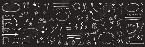 Sketch line arrow element, star, heart shape on chalkboard background. Hand drawn doodle sketch style circle, cloud speech bubble grunge element. Arrow, star, heart decoration. Vector illustration