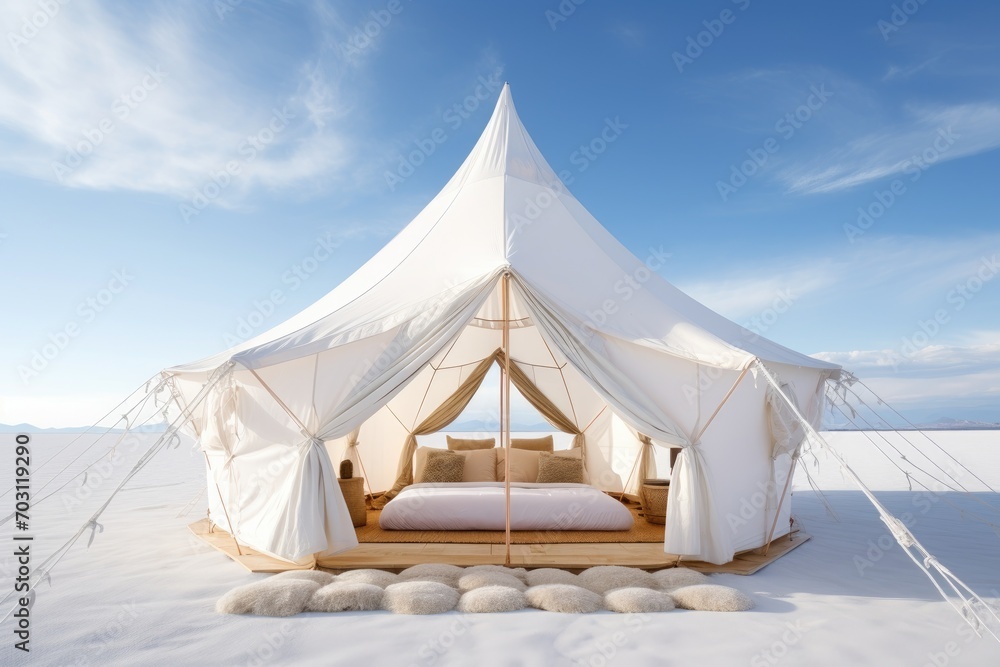 White tent on the snow in the desert. 3d rendering, Light white and wood tent in the white desert, AI Generated