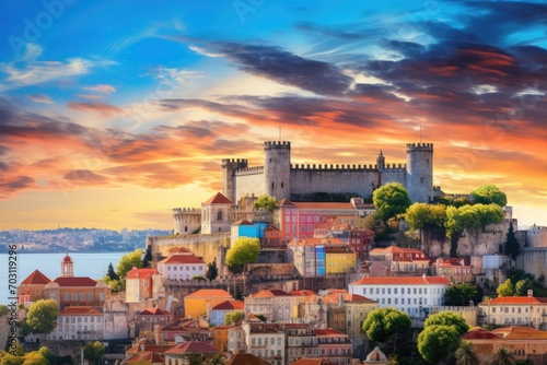 Panoramic view of old town of Porto at sunset, Portugal, Lisbon, Portugal skyline with Sao Jorge Castle, AI Generated