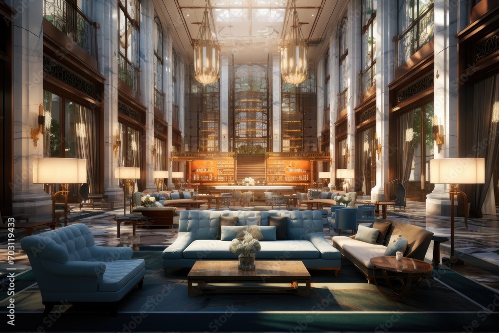 3D rendering of a luxury hotel lobby interior with sofas, Luxury interior of a hotel lobby, AI Generated