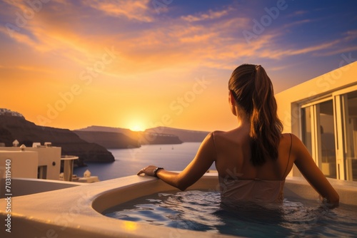 Young woman relaxing in infinity pool at sunset, Santorini, Greece, Luxury travel Santorini vacation woman rear view swimming in a hotel jacuzzi pool watching the sunset, AI Generated © Ifti Digital