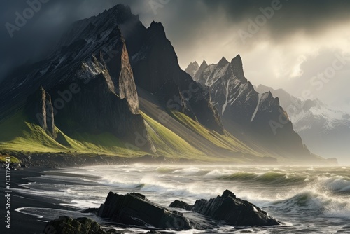 Icelandic landscape with mountains and fjord. 3d rendering, Majestic summer scene of Stokksnes headland with Vestrahorn Batman Mountain in the background, AI Generated