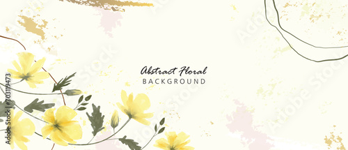 Abstract background watercolor flower. Abstract spring floral art background. Watercolor botanical flower and gold brush texture. Luxury design for wallpaper, poster, banner, card, print, and web.