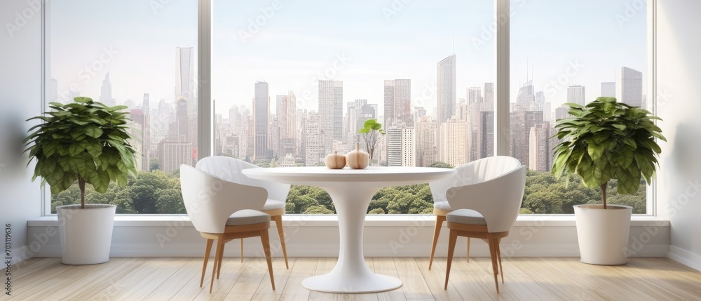 Interior of stylish dining room with white walls, wooden floor, comfortable round table with white armchairs and potted plant in background. Window with blurry cityscape. 3d rendering