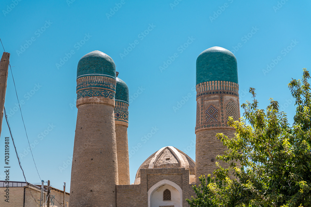 Chor Minor is historic gatehouse for now-destroyed madrasa, Bukhara, Uzbekistan