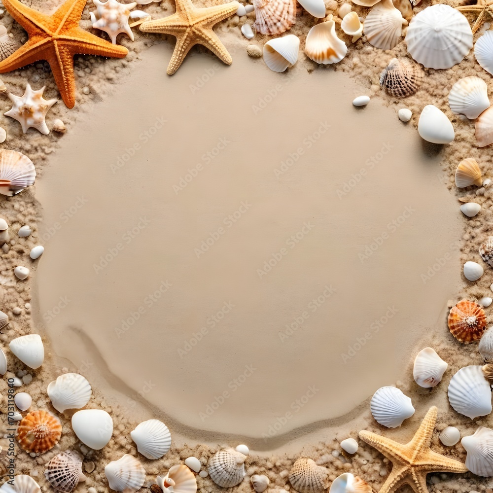 Obraz premium White posium above sea sand with starfish and seashells