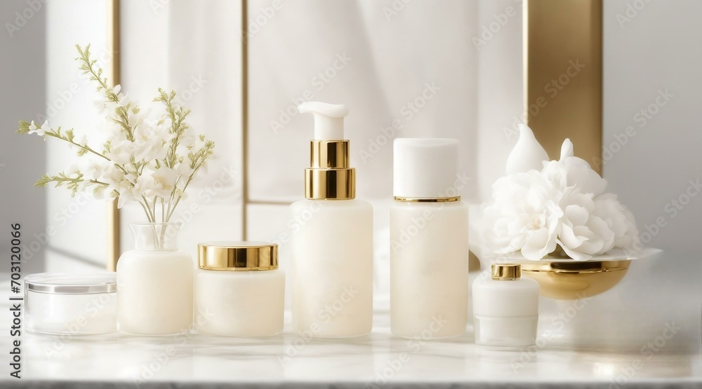 Mockup of luxury cosmetic products in elegant white and gold, showcasing modern design. Perfect for premium beauty brands Mockup of luxury cosmetic products in elegant white and gold, showcasing modern design. Perfect for premium beauty brands