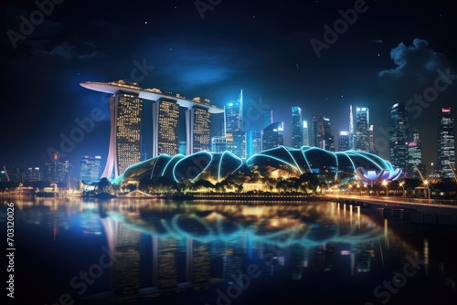 Marina Bay Sands in Singapore. Marina Bay Sands is an integrated resort and billed as the world's most expensive standalone casino property, Marina Bay area at night, Singapore, AI Generated