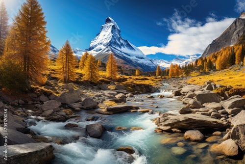 Matterhorn peak and river in autumn, swiss alps, Matterhorn, Swiss Alps - panoramic view, AI Generated