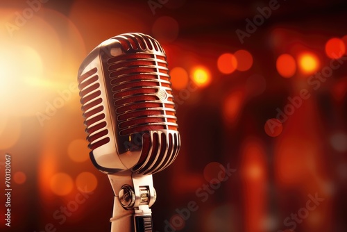 Retro microphone on stage with bokeh background, close up, Microphone for singer music background with spotlighting, AI Generated