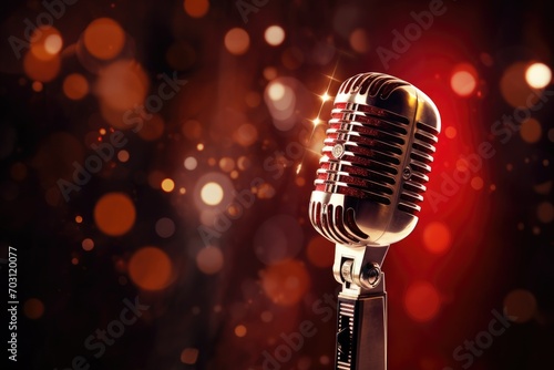 Retro microphone on stage with bokeh background. Music concept, Microphone for singer music background with spotlighting, AI Generated