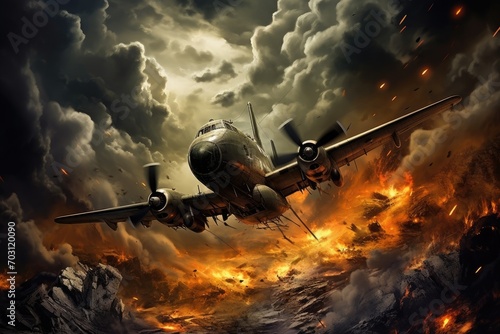 Airplane in the rain. Conceptual image of a catastrophe, Military plane crashes in a storm, AI Generated