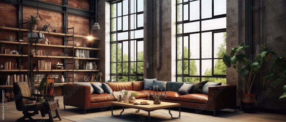 Living room interior in loft, industrial style, 3d render Living room interior in loft, industrial style, 3d render
