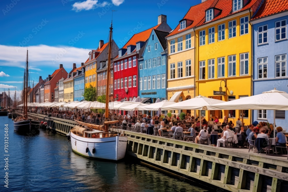 Colorful houses in Nyhavn. Nyhavn is a popular tourist destination in Copenhagen, Denmark, Nyhavn at the golden hour, Copenhagen, Denmark, AI Generated