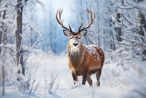 Majestic red deer stag in snowy winter forest. Majestic animal in natural habitat  Noble deer male in a winter snow forest  Artistic winter Christmas landscape  AI Generated