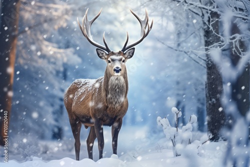 Beautiful red deer in winter forest. Majestic animal in snowy forest, Noble deer male in a winter snow forest, Artistic winter Christmas landscape, AI Generated © Ifti Digital