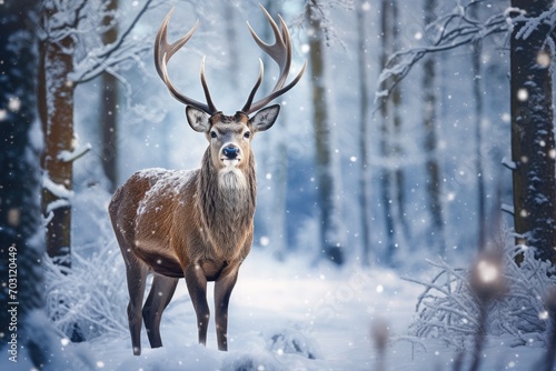 Beautiful wild deer in winter forest. Animal in snowy forest, Noble deer male in a winter snow forest, Artistic winter Christmas landscape, AI Generated