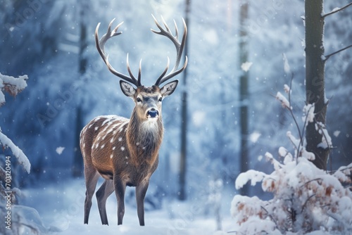 Beautiful deer in the winter forest. Wild animals in winter forest  Noble deer male in a winter snow forest  Artistic winter Christmas landscape  AI Generated