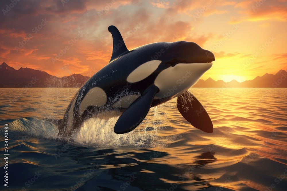 Fototapeta premium Orca killer whale in the sea at sunset. 3d render, Orca Killerwhale traveling on ocean water with the sunset, AI Generated