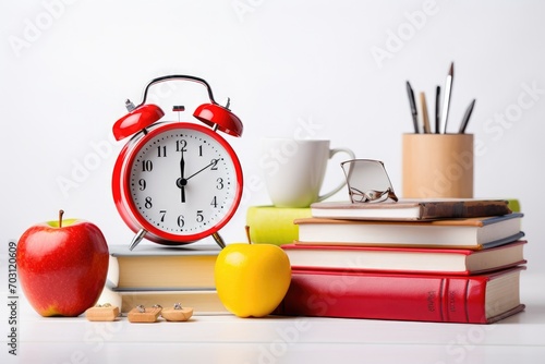 Red alarm clock, books and apple on white table. Back to school concept, Orange alarm clock with a red apple and school equipment, Back to school concept on a white background, AI Generated