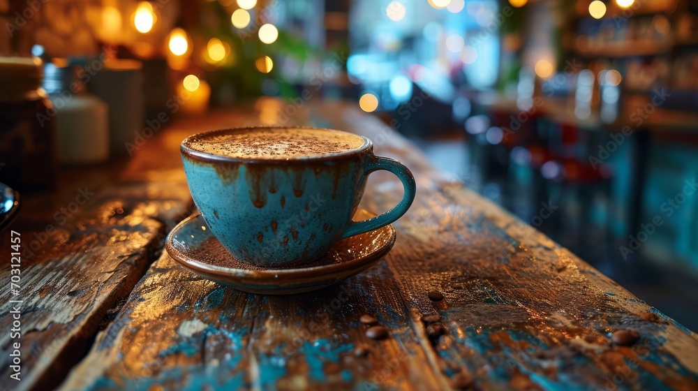 Rustic Coffee Cup on Wooden Cafe Table.
A vintage blue coffee cup on a weathered wooden table in a cozy café setting. Rustic Coffee Cup on Wooden Cafe Table.
A vintage blue coffee cup on a weathered wooden table in a cozy café setting.