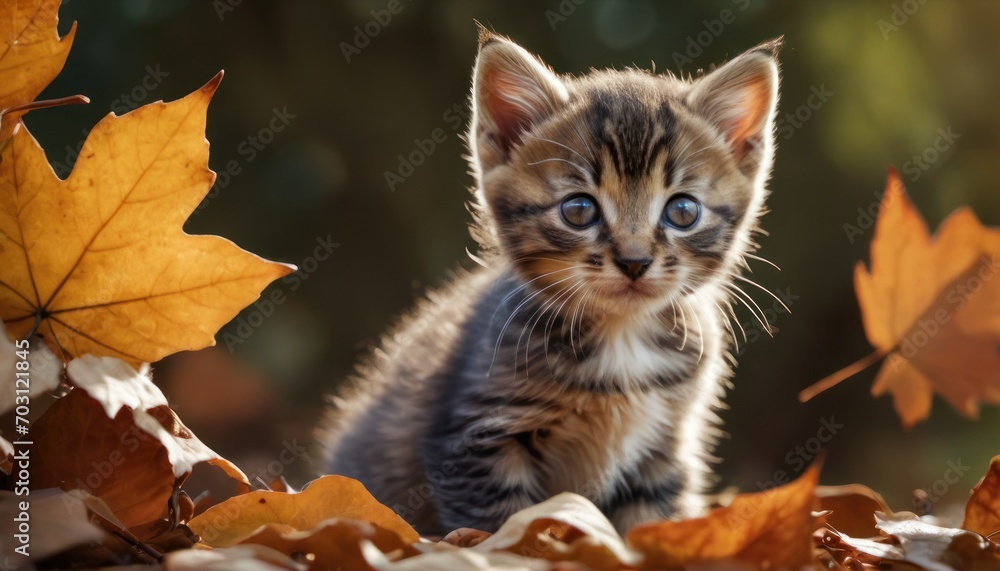  a small kitten sitting on top of a pile of leaves next to a pile of orange and yellow leaves on top of a pile of brown and green and yellow leaves.