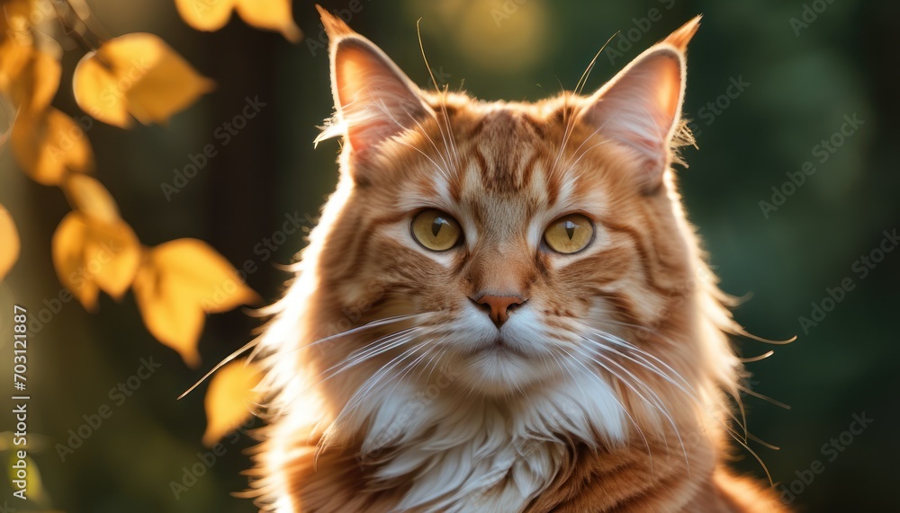  a close up of a cat's face with a blurry background of leaves in the foreground and a blurry background of leaves in the foreground.