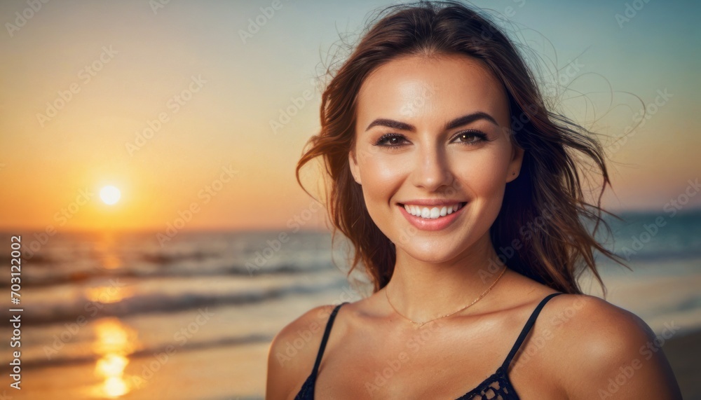 a beautiful young woman standing on top of a beach next to the ocean with the sun setting behind her and a beach in the foreground with a body of water in the foreground. a beautiful young woman standing on top of a beach next to the ocean with the sun setting behind her and a beach in the foreground with a body of water in the foreground.