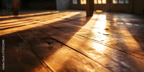 Strong early morning sun ray s coming thru windows on an old wooden empty floor - Generative ai 