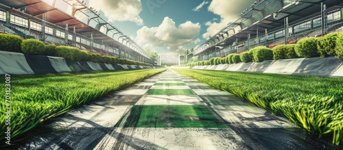 Green grass track with winner's podium. photo
