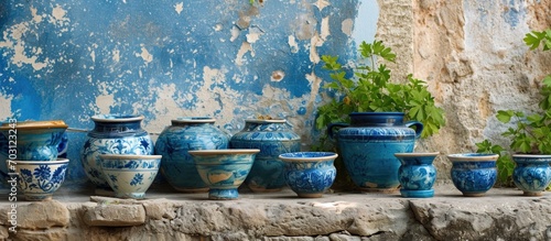 Blue pottery on Greek wall. © 2rogan