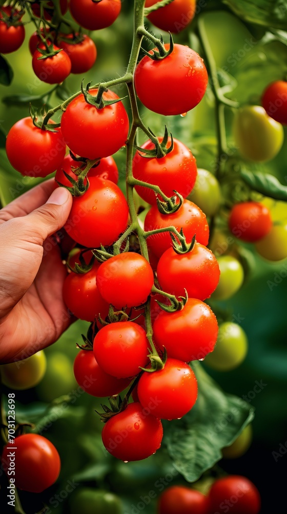 Hand Holding Tomatoes on a Plant