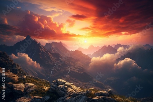  Amazing bright sunset over rocky cloudy mountains 