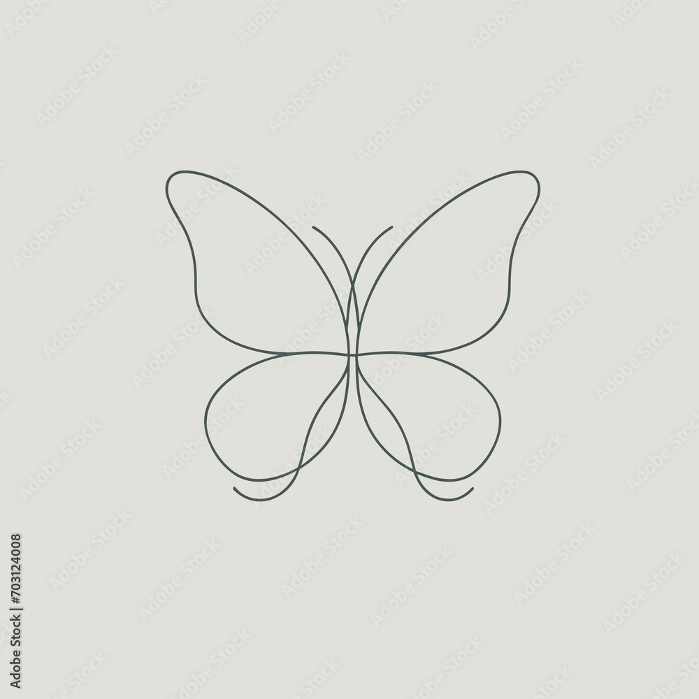 Continuous contour of butterfly in one line, simple vector sketch Continuous contour of butterfly in one line, simple vector sketch