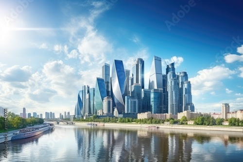 Cityscape with skyscrapers on the background of the river  Panoramic view of Moscow-City and Moscow River  International business center in the daytime  AI Generated