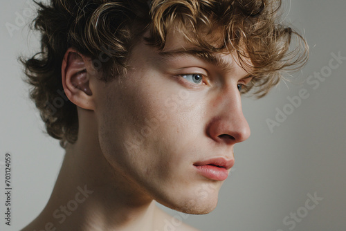 Close Up Side Profile Photograph of a Young Man, in Muted Warm Lighting