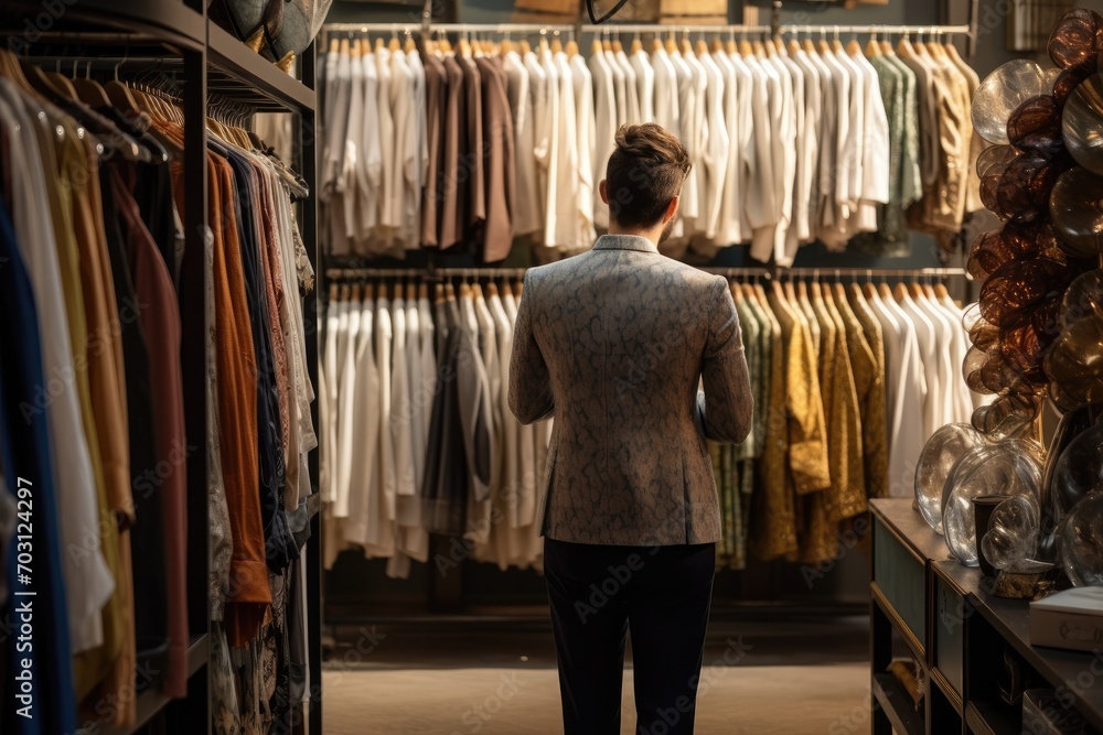 Rear view of a young man choosing clothes in a clothing store, Rear view of a personal shopper selecting clothing for a client, AI Generated Rear view of a young man choosing clothes in a clothing store, Rear view of a personal shopper selecting clothing for a client, AI Generated
