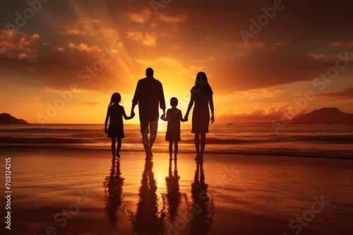 Silhouette of a family walking on the beach at sunset, Rear view of a happy family walking hand in hand down a paradise beach during sunset, AI Generated