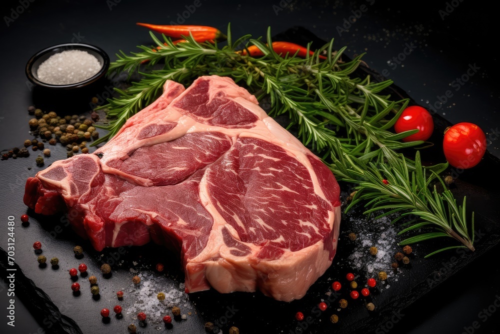 Raw T-bone steak with rosemary and spices on dark background, Select all on this page, Raw T-bone Steak with fresh herbs on the pan is ready for cooking, AI Generated
