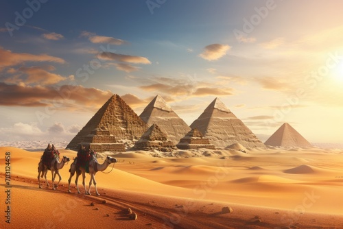 The pyramids of Giza in Egypt at sunset. 3d rendering  Pyramids Giza Cairo in Egypt with a camel caravan panoramic scenic view  AI Generated