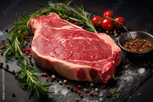 Raw T-bone steak with spices and herbs on a black background, Select all on this page, Raw T-bone Steak with fresh herbs on the pan is ready for cooking, AI Generated
