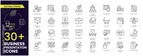 Business presentation editable stroke icons set. Presentation, business, seminar, Presenting, partnership, goals, meeting, Business Deal, whiteboard, conference and plan icons. Vector collection.