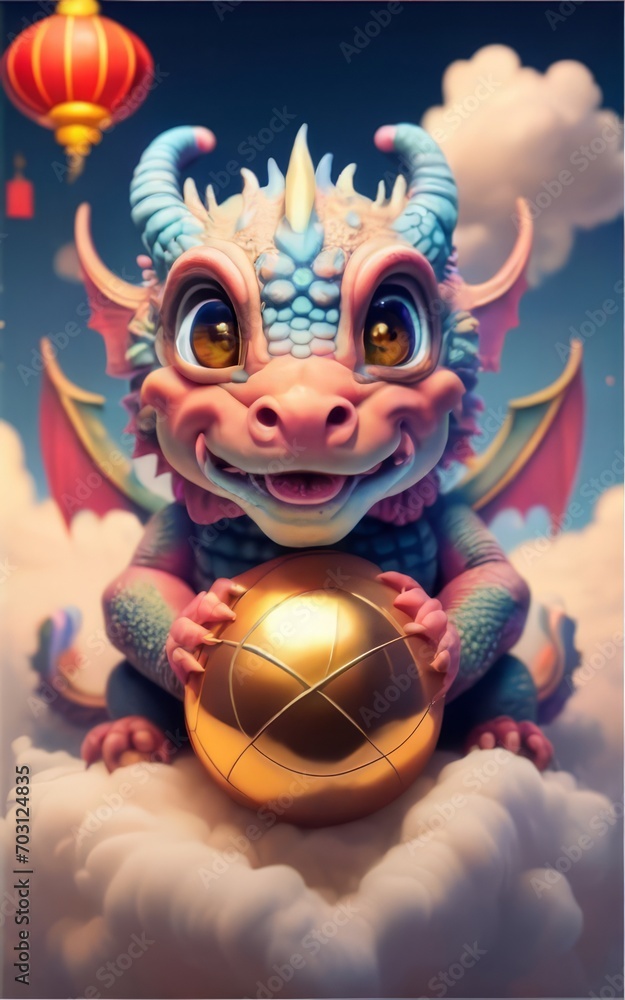 Naklejka premium Cute baby dragon playing with the ball, Chinese New Year wallpaper