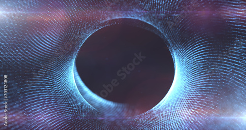 Round blue frame from energy magical glowing particles and light lines abstract background