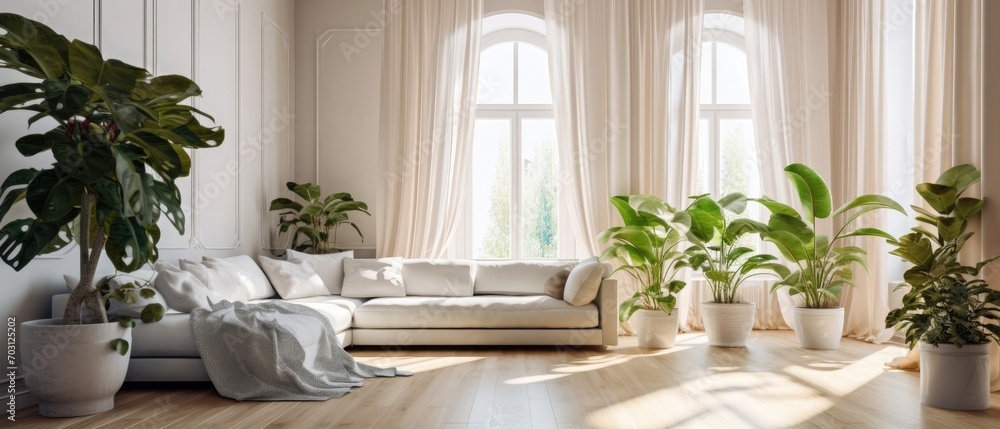custom made wallpaper toronto digitalMorning in luxurious light interior in hotel. Bright and clean interior design of a luxury living room with parquet wood floors, fireplace, sofa and houseplant. Stucco on walls