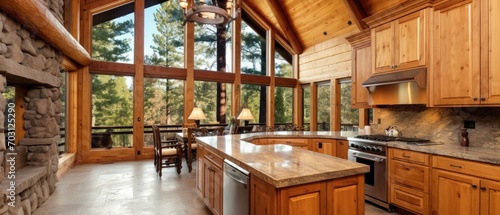 Mountain luxury home with wood kitchen and granite countertop.