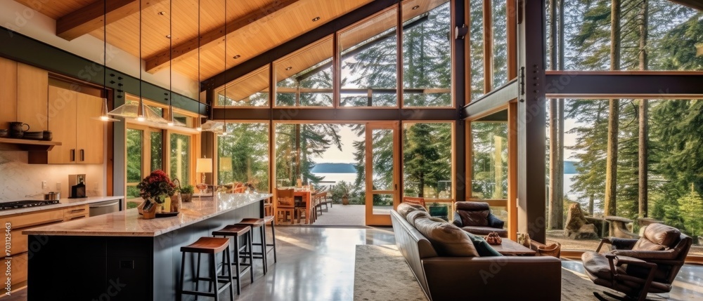 Naklejka premium Pacific Northwest Contemporary home with large view windows and wood beams