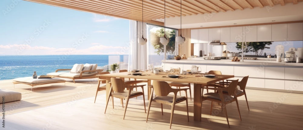 Sea view kitchen, dining and living room of luxury beach house with terrace near swimming pool in modern design. Vacation home or holiday villa for big family. Interior 3d rendering